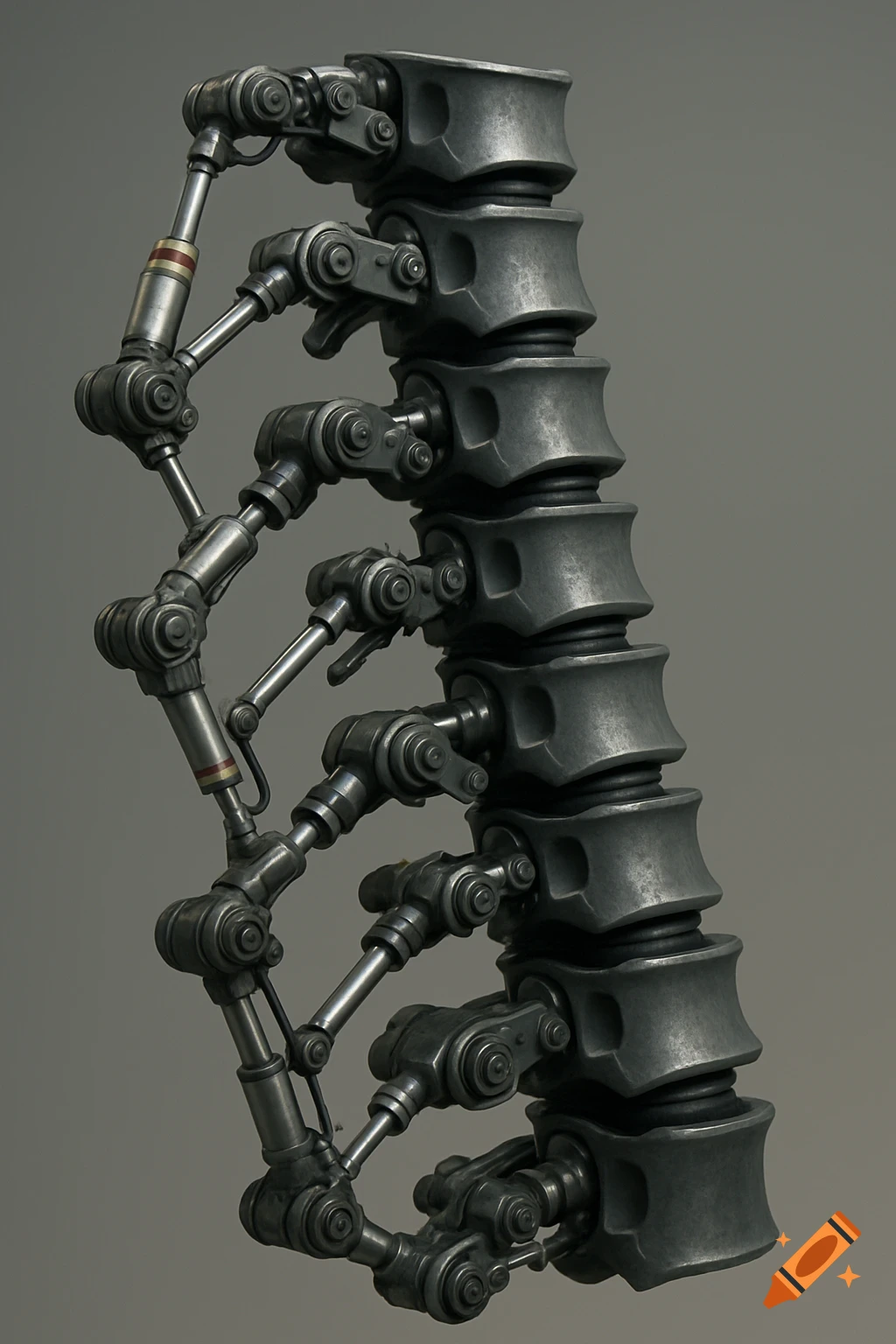 Detailed rendering of a mechanical spine with intricate joints and hydraulic pistons.