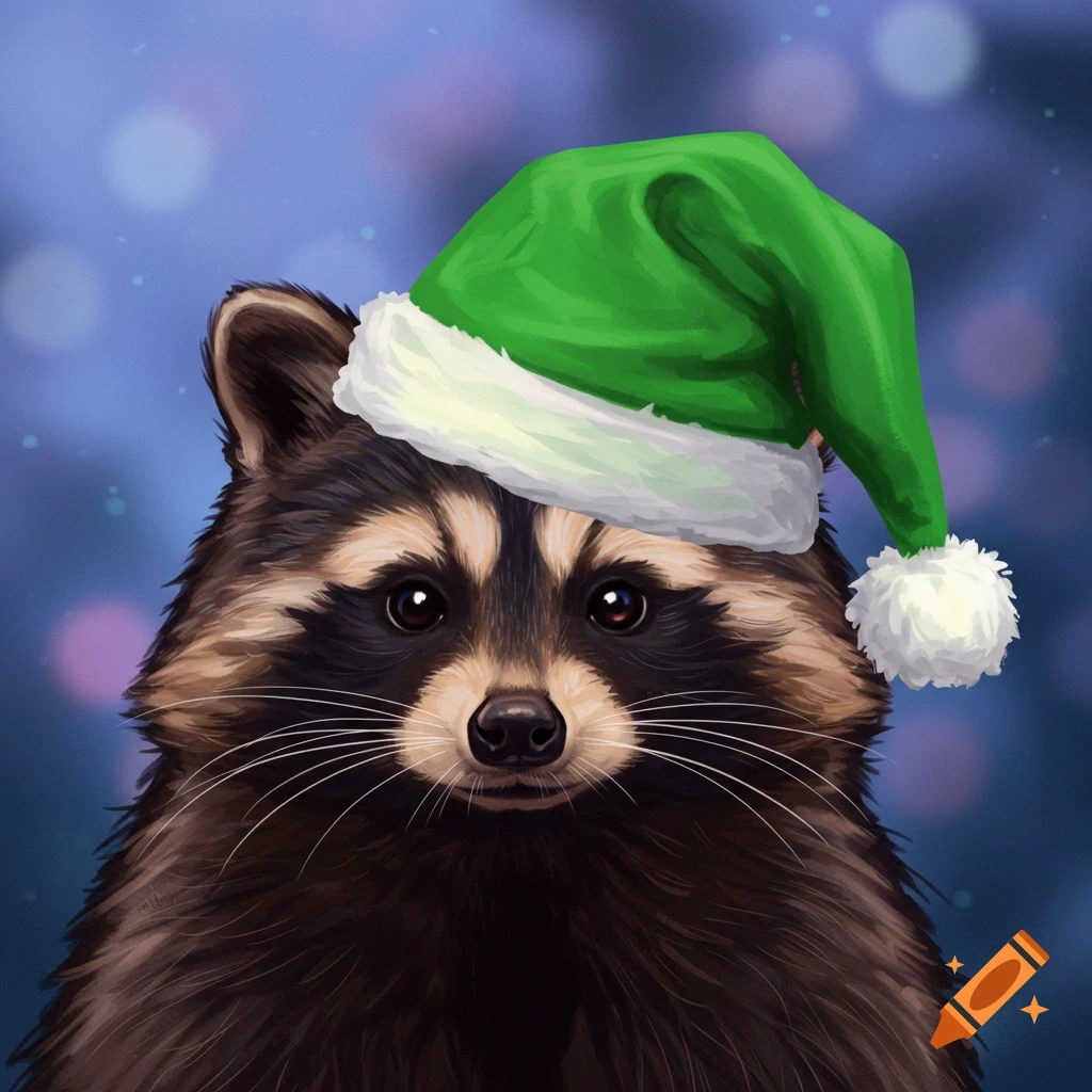 Digital painting of a raccoon wearing a green Santa hat with blurry lights in the background.
