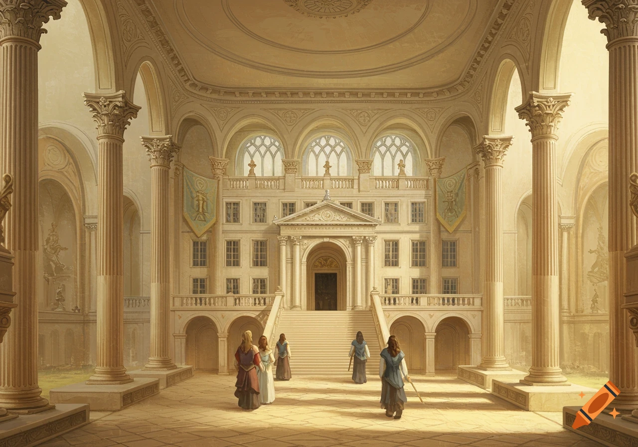 Grand hall interior with large columns, ornate architecture, and people in fantasy clothing.