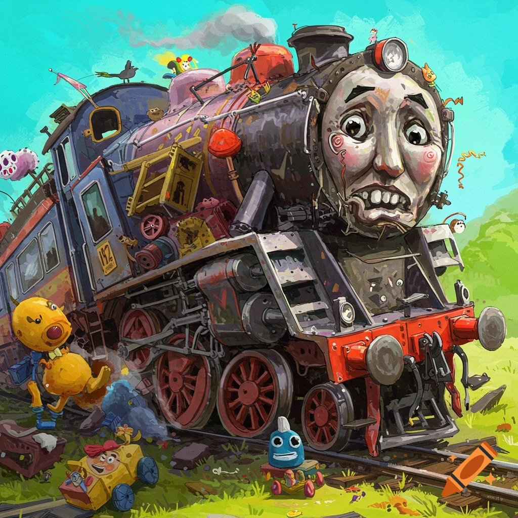 Grotesque cartoon train with a distorted human face, surrounded by ...