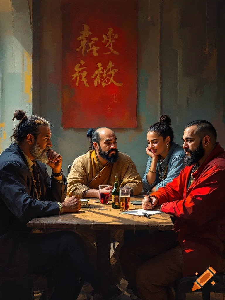 Four people with diverse appearances meet at a table with drinks and papers, with a red poster behind them.