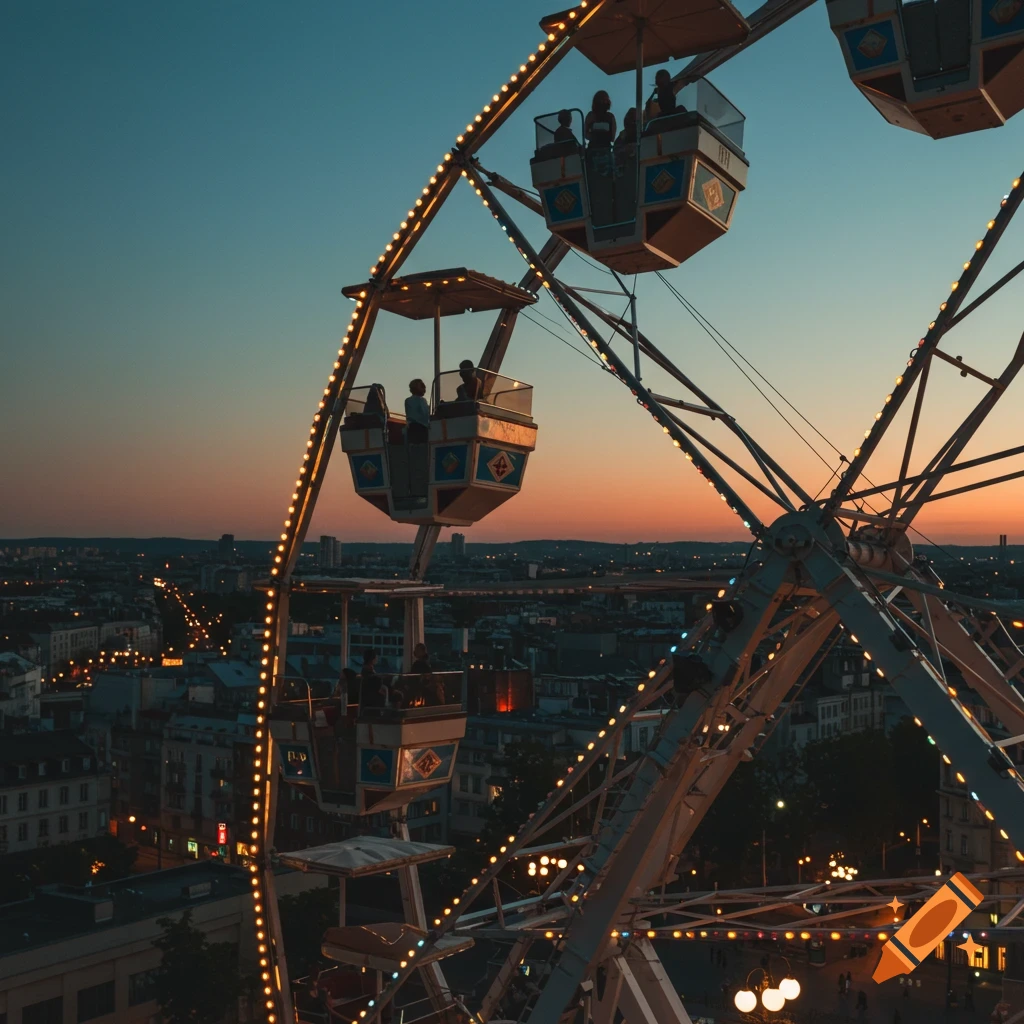 A Ferris wheel lit up at dusk over a city skyline.