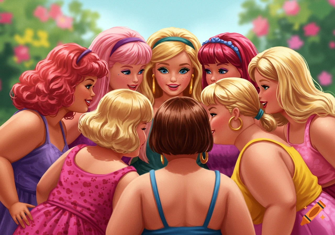 Illustration of plus-sized dolls whispering secrets in a garden