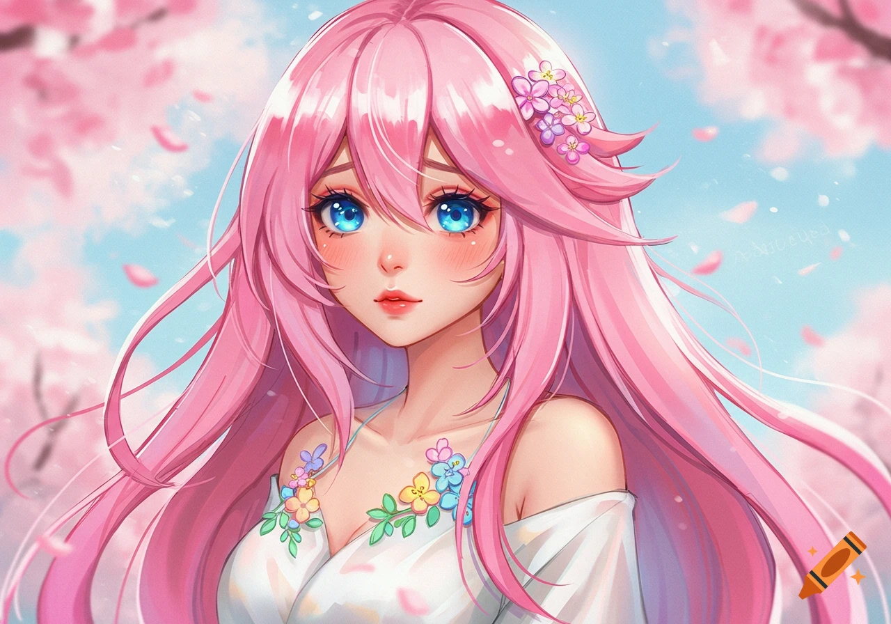 Anime girl with pink hair and blue eyes among cherry blossoms