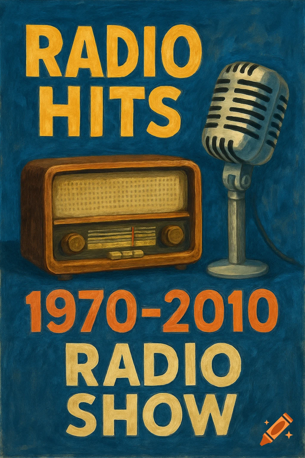 Vintage radio and microphone with text RADIO HITS 1970-2010 RADIO SHOW on a blue background, painted style.