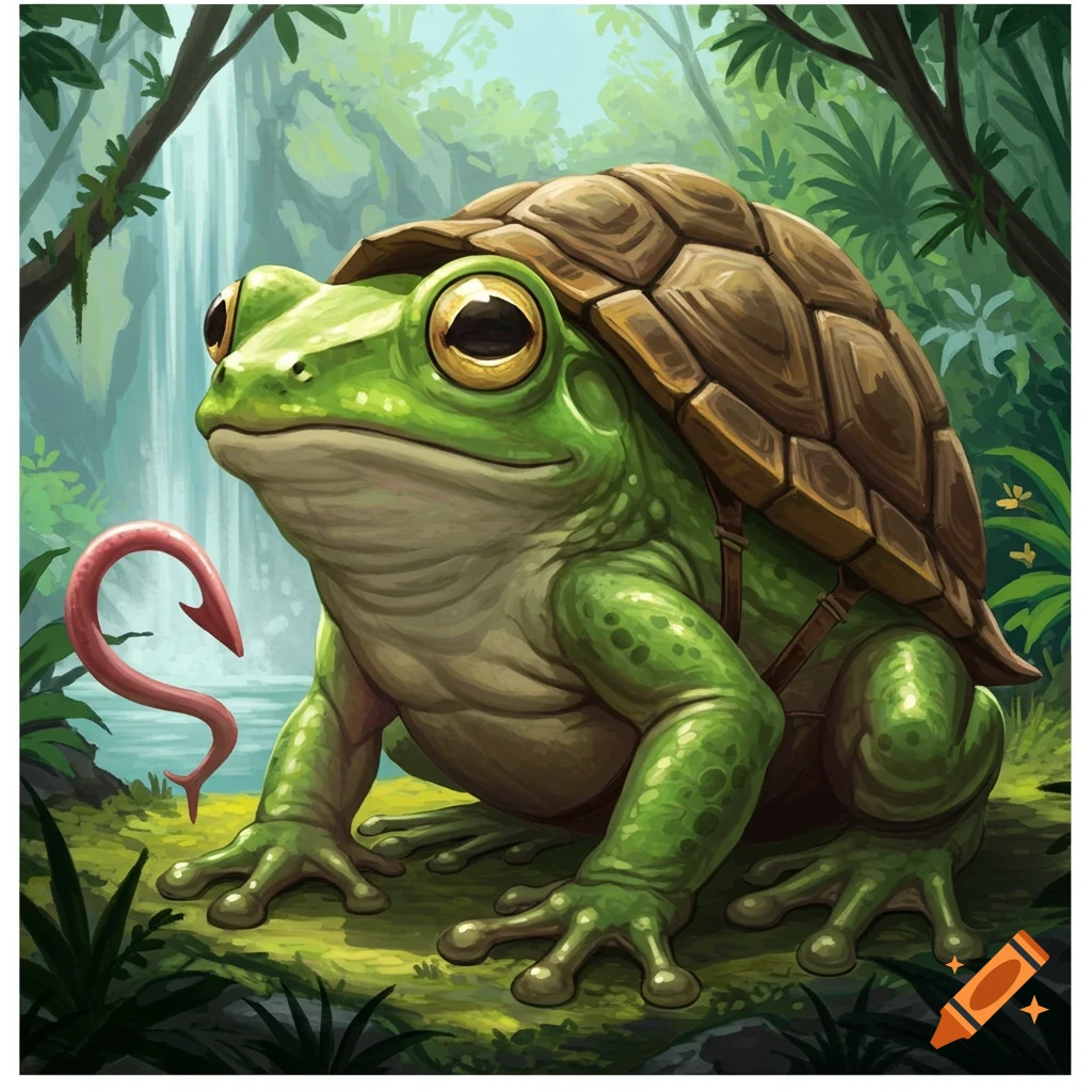 A large green frog creature wearing a turtle shell in a forest with a ...