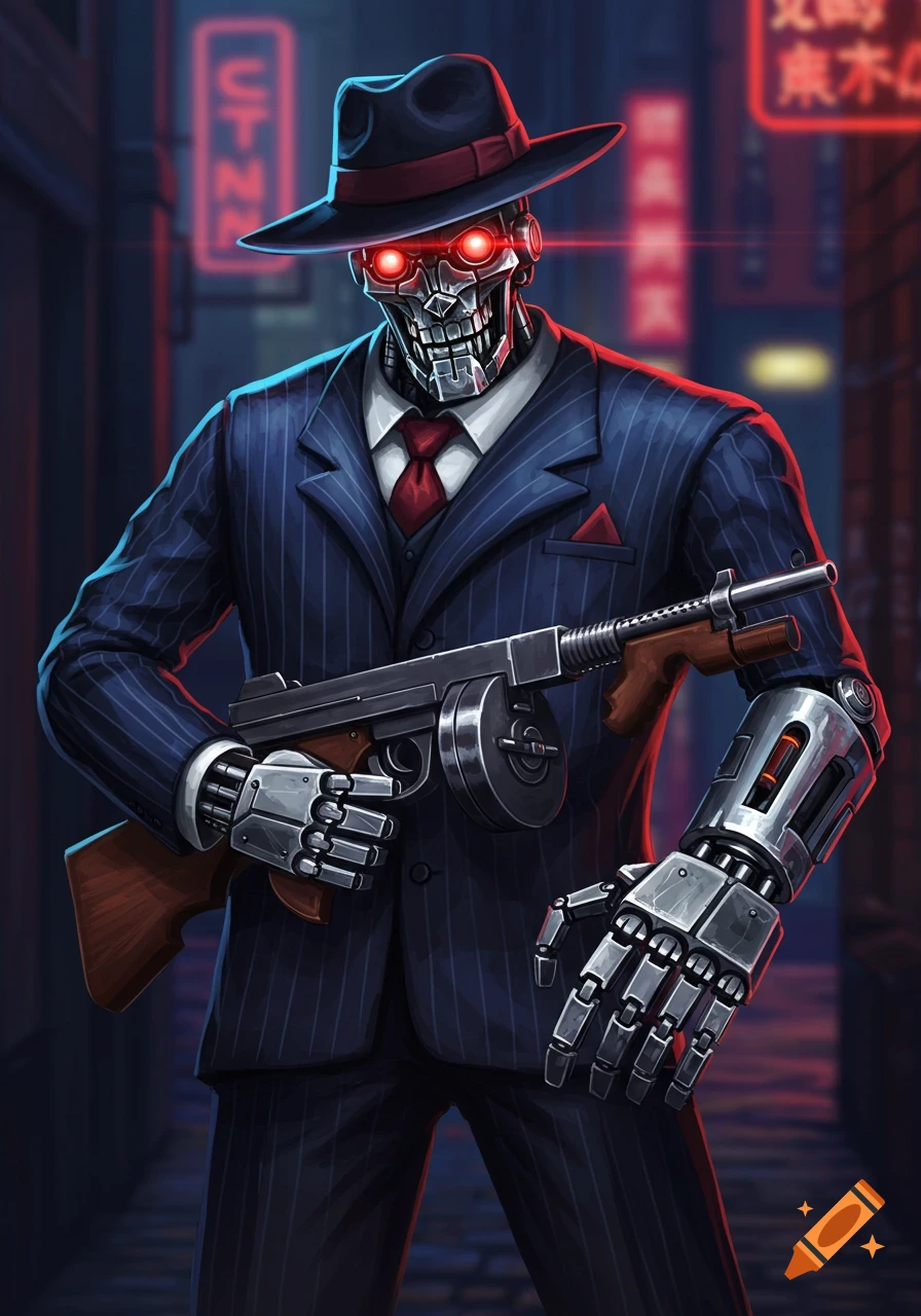 Robot gangster in pinstripe suit and fedora holding a tommy gun in a neon-lit alley.