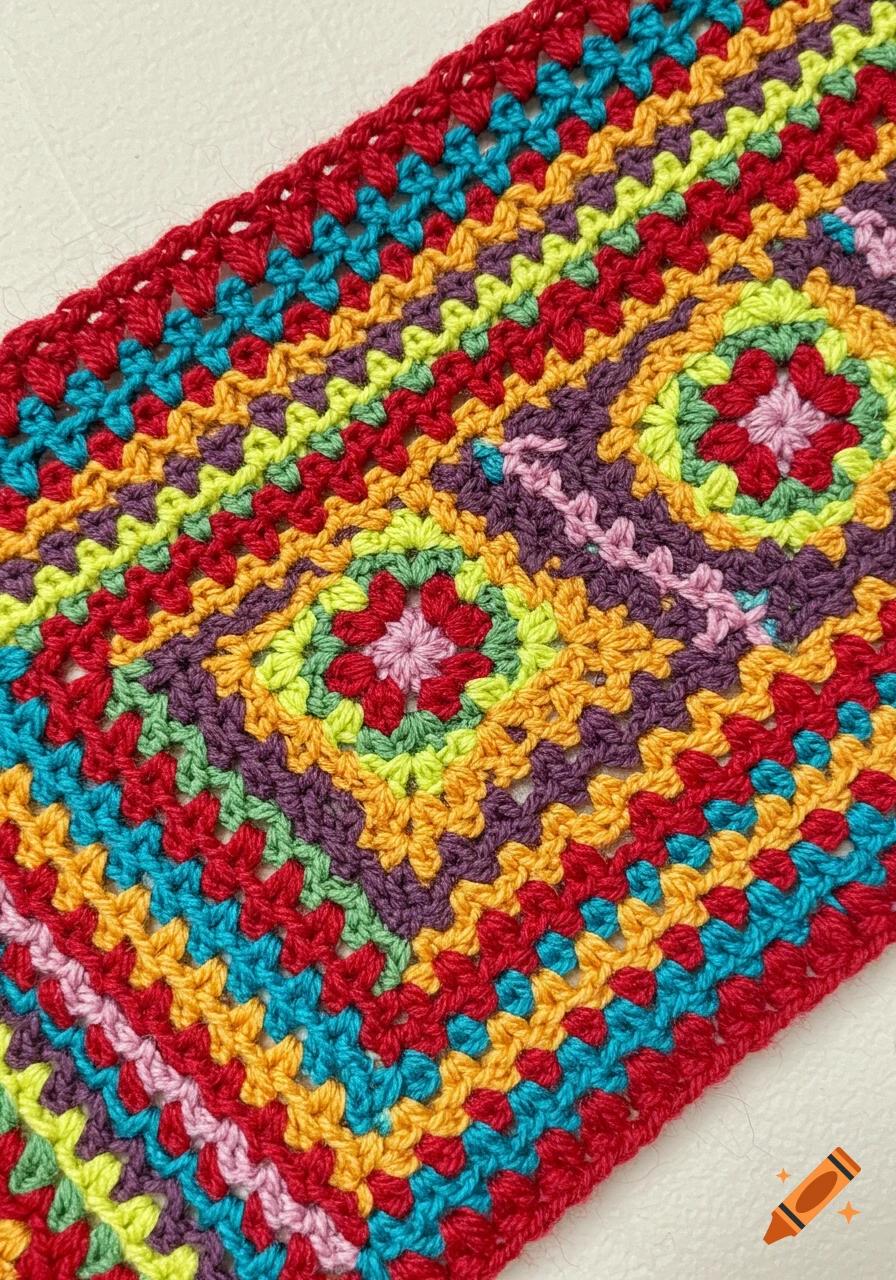 Close-up of a colorful crochet pattern with geometric squares and stripes in red, orange, yellow, green, teal, purple, and pink.