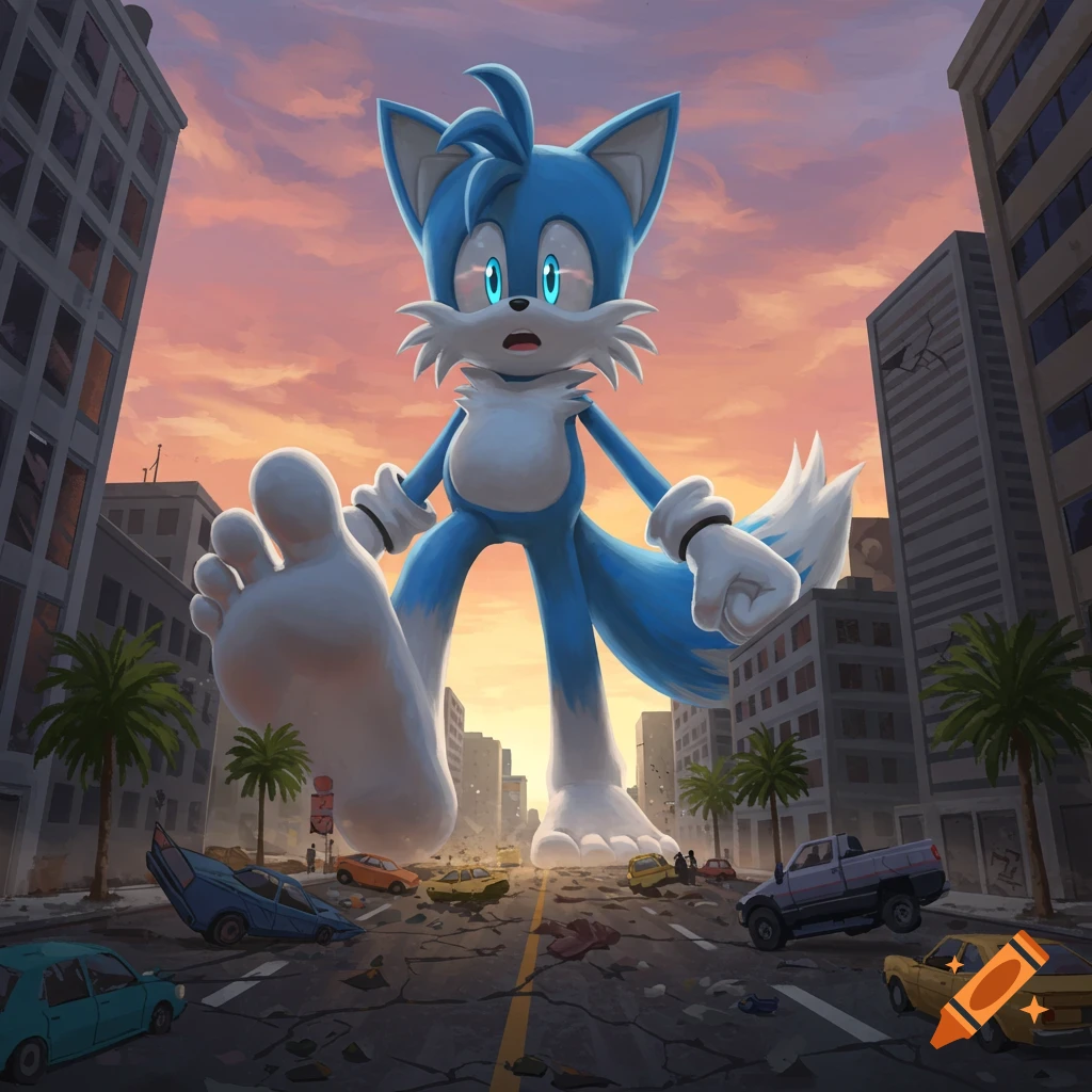 Giant blue anthropomorphic fox stomps through a city street, crushing cars at sunset.
