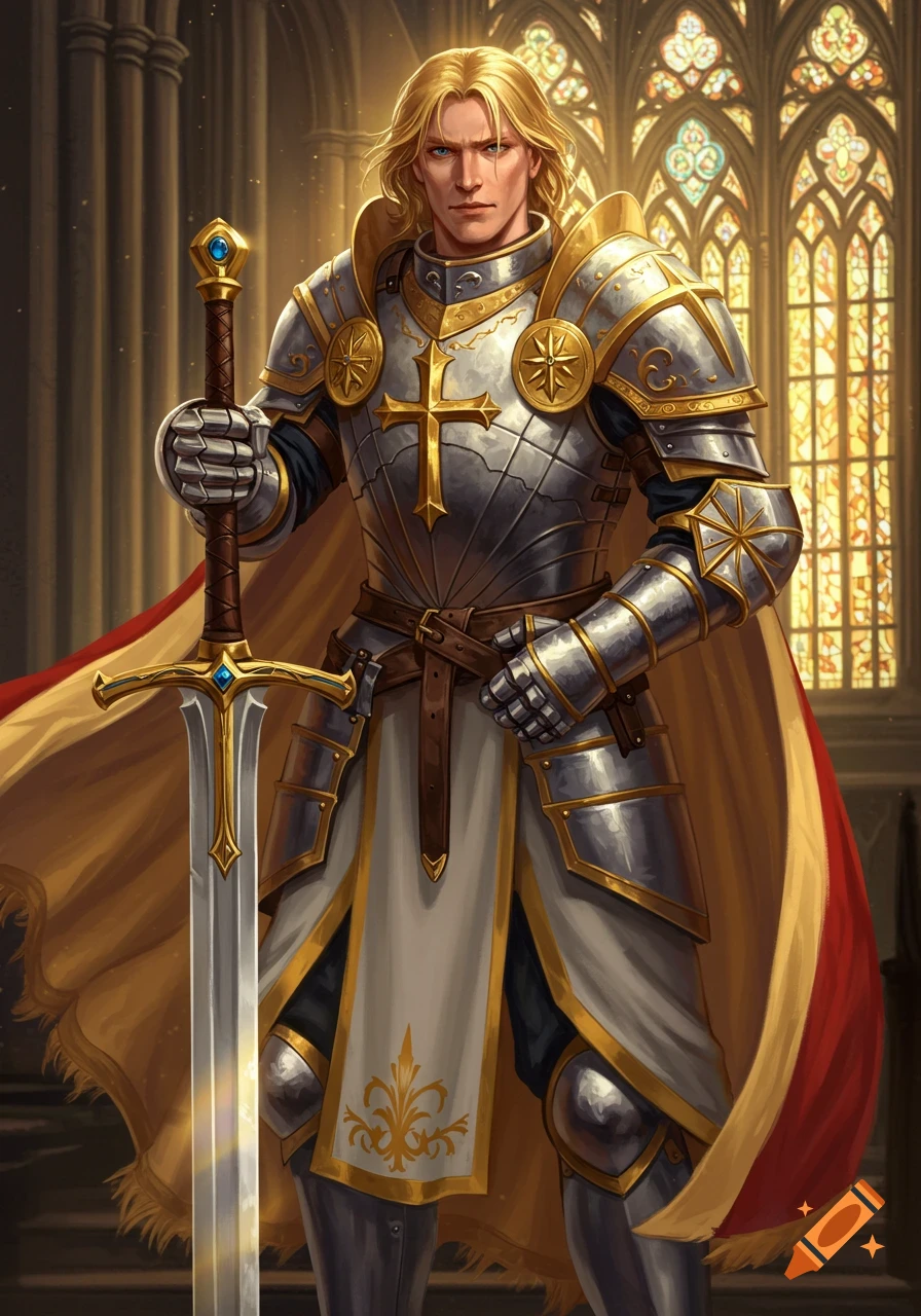 A golden-haired paladin in ornate silver and gold armor stands in a ...