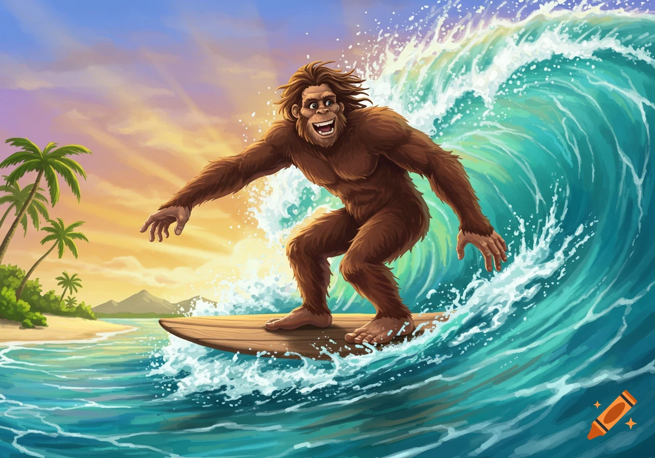 Cartoon Bigfoot surfs a wave near a tropical beach at sunset.