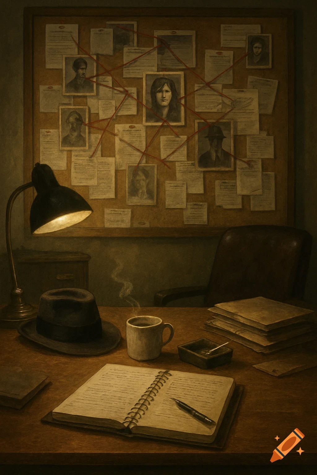 A dimly lit detective's desk with a fedora, coffee, and notebook in front of a clue board.