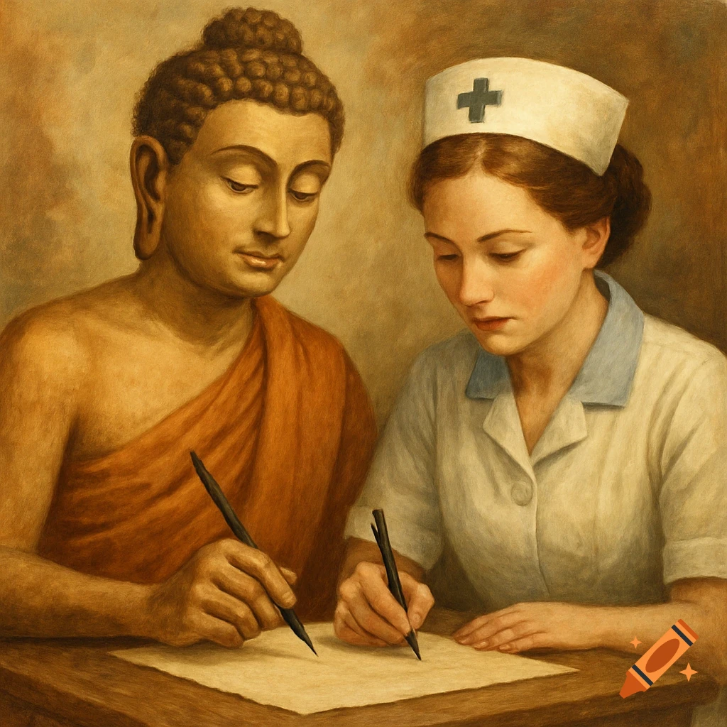 Painting of Buddha and a nurse writing on paper.