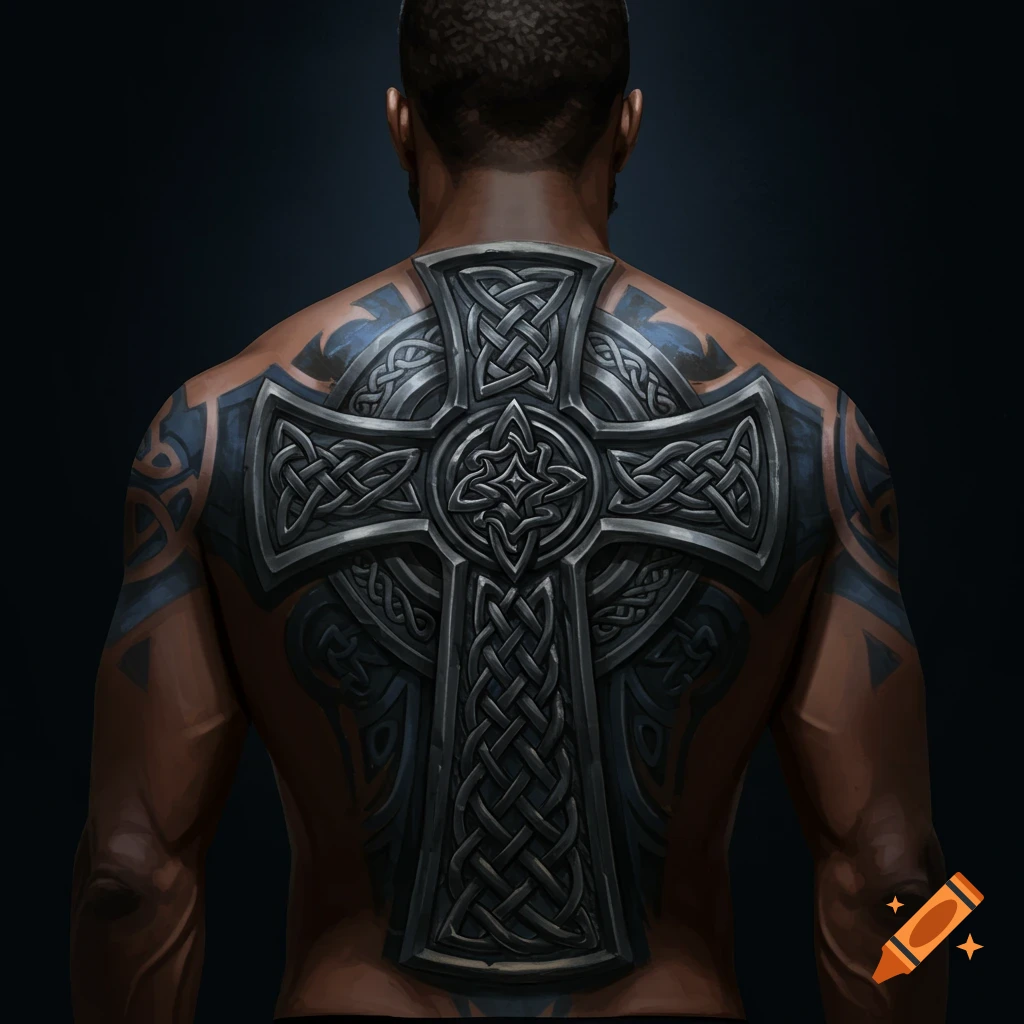 Back view of a man with a large, intricate Celtic cross tattoo.