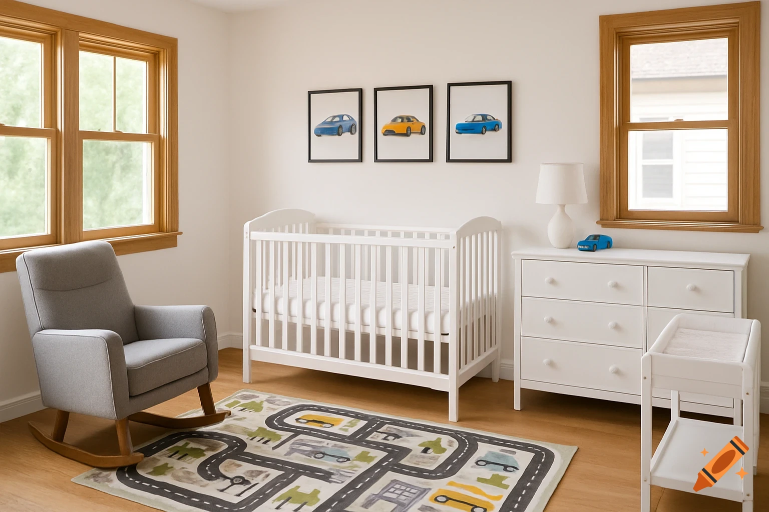 A baby nursery with a white crib, dresser, grey rocking chair, road map rug, and car pictures.