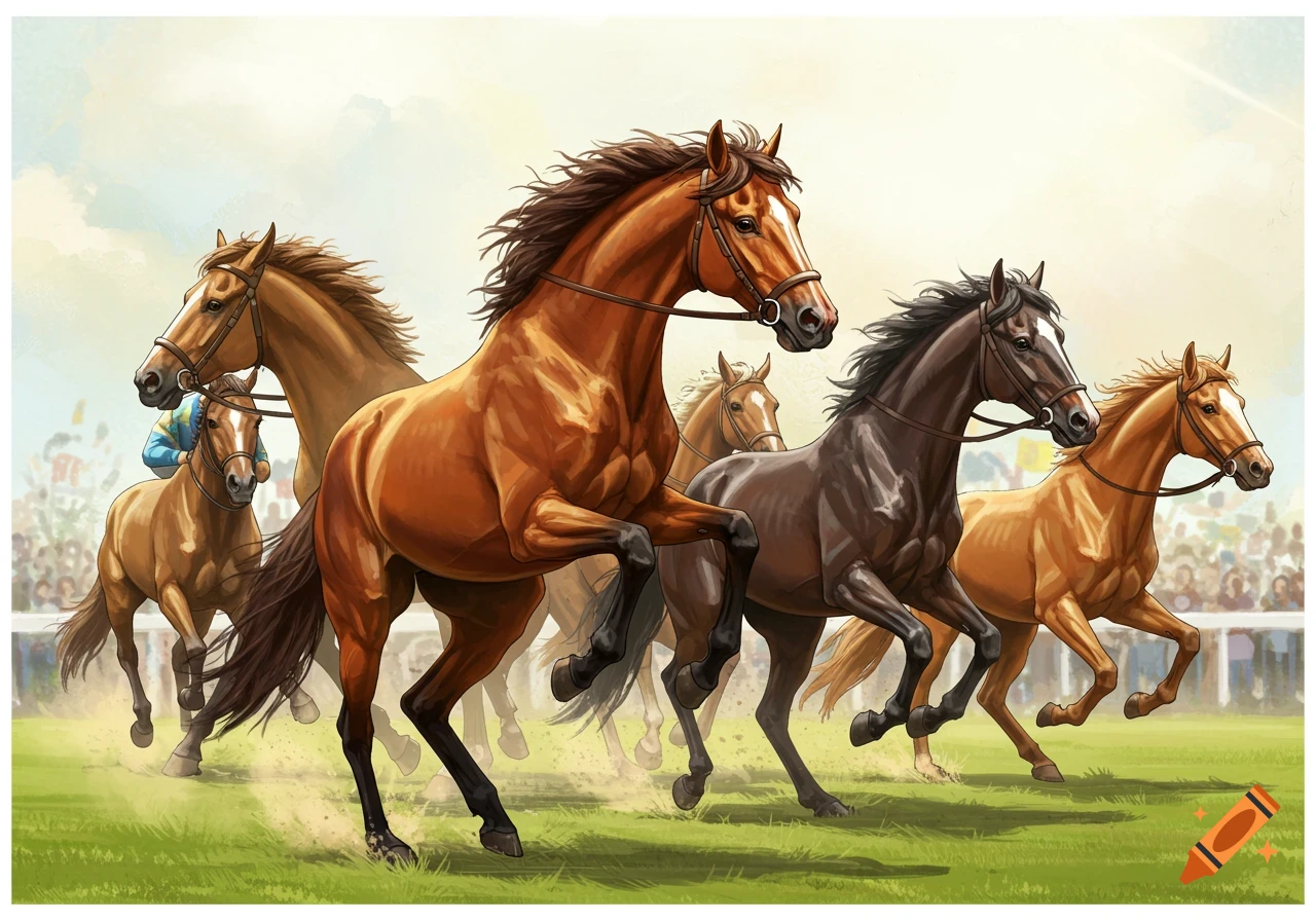 Racehorses and jockeys run on a grassy track with a crowd in the background, painted style.