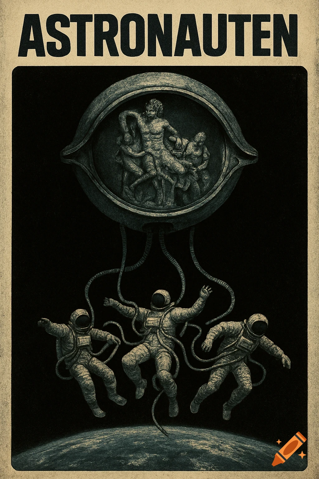 Surreal vintage poster with text ASTRONAUTEN, showing astronauts tangled like Laoco ön hanging from a mechanical eye above Earth.