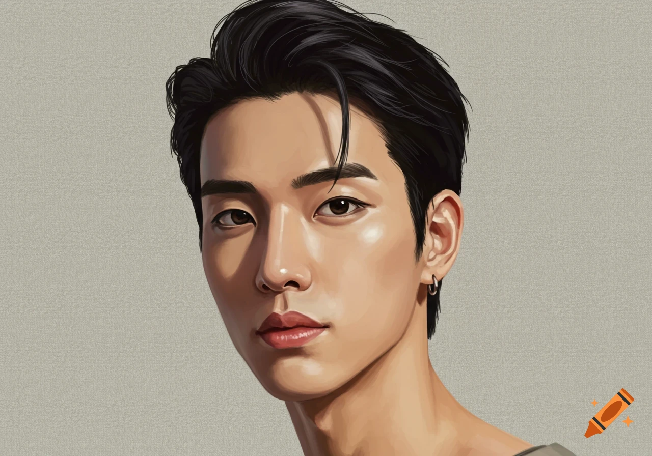 A close-up digital painting portrait of a young man with dark hair and ...