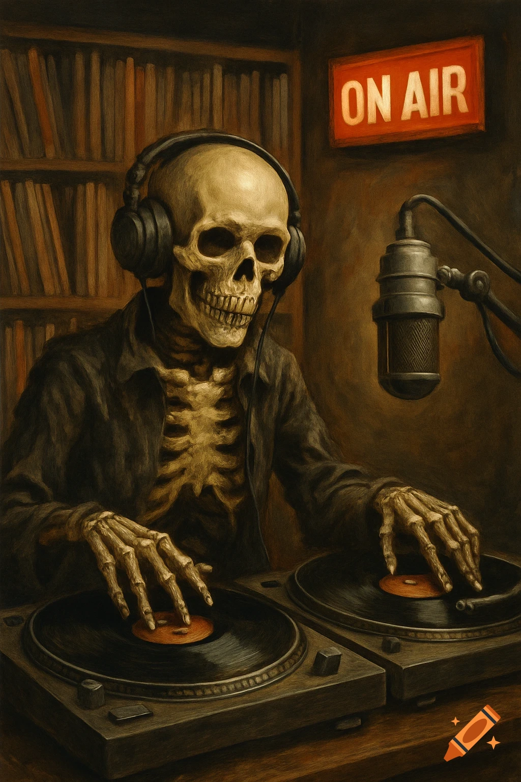 A skeleton wearing headphones mixes records on turntables in a room with bookshelves, an "ON AIR" sign, and a microphone. The style is dark and atmospheric.