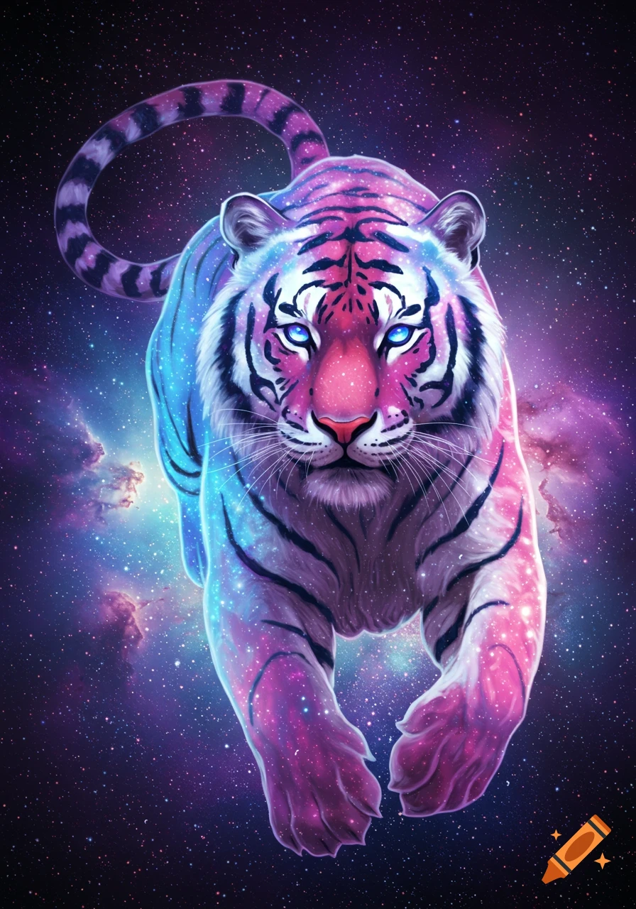 A brightly colored cosmic tiger with blue eyes stands in front of a starry space background.