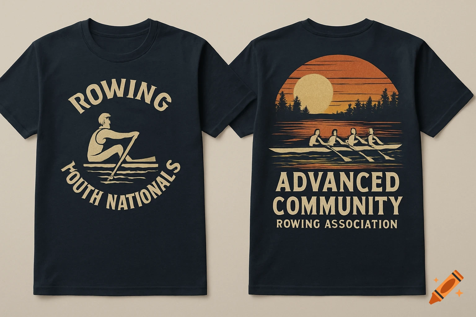 Front and back design for a dark blue t-shirt. Front has 'ROWING YOUTH NATIONALS' with a rower silhouette. Back has rowers at sunset and 'ADVANCED COMMUNITY ROWING ASSOCIATION'.