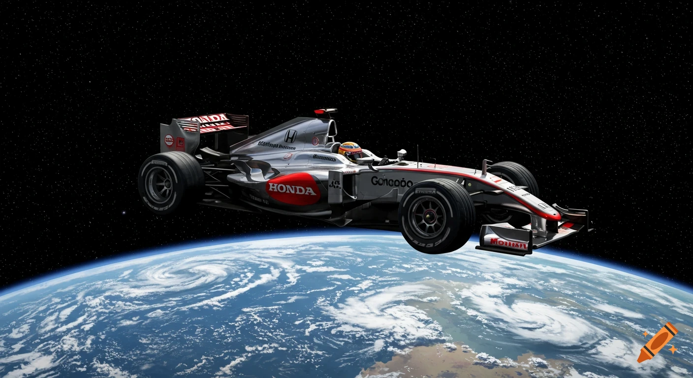 A Formula 1 car floats in orbit above Earth with stars in the background.