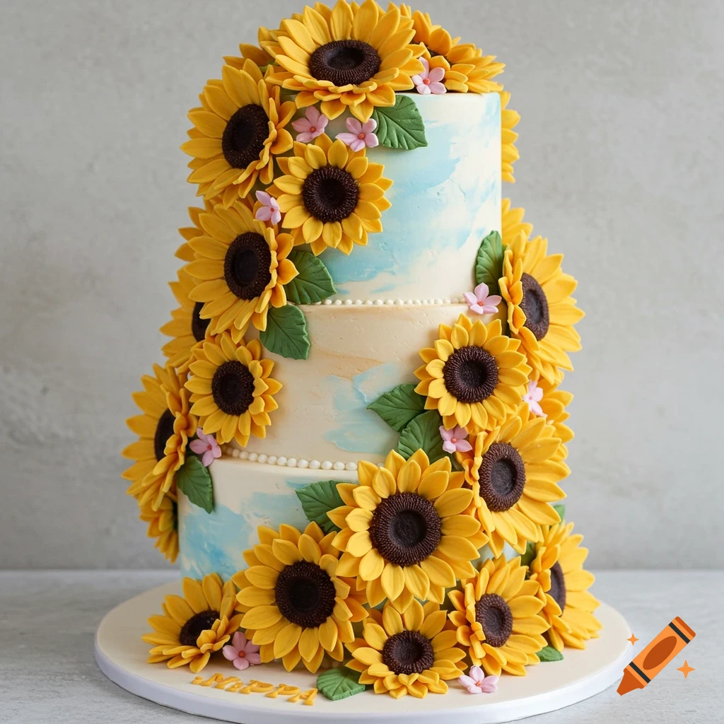 Multi-tiered cake decorated with yellow sunflowers