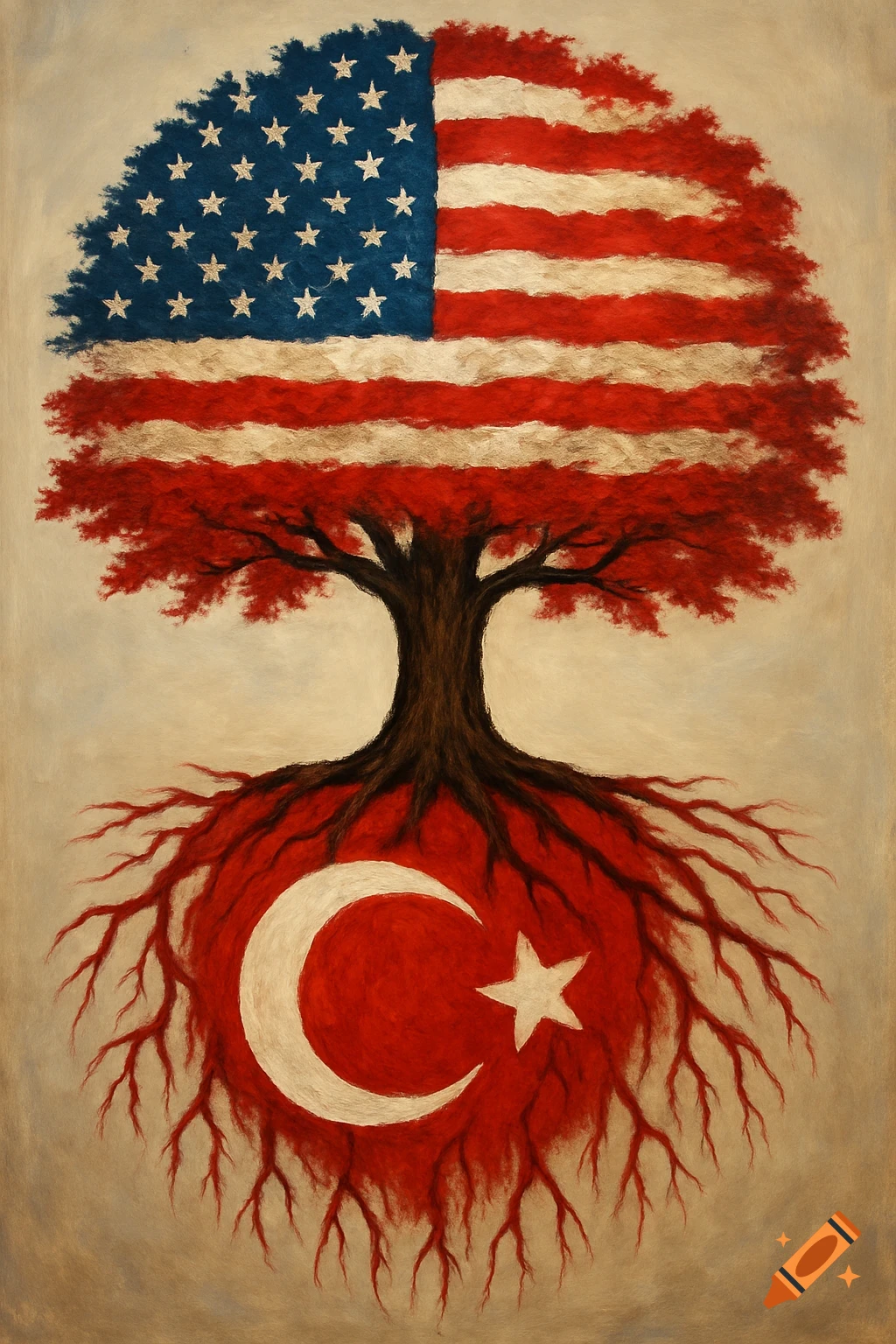 Painting of a tree with a US flag canopy and Turkish flag roots