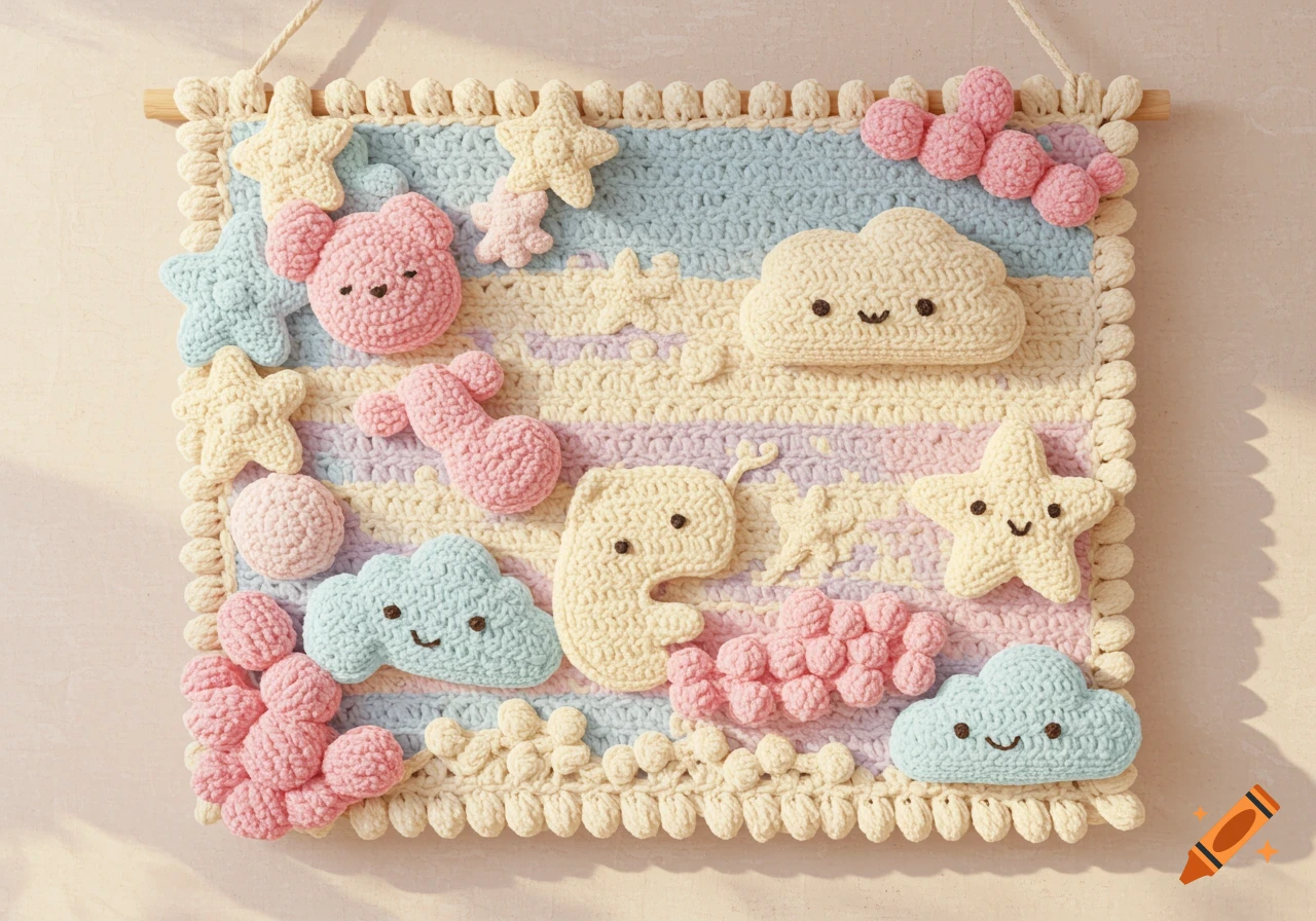 Crochet wall art in pastel colors with stars, clouds, and shapes