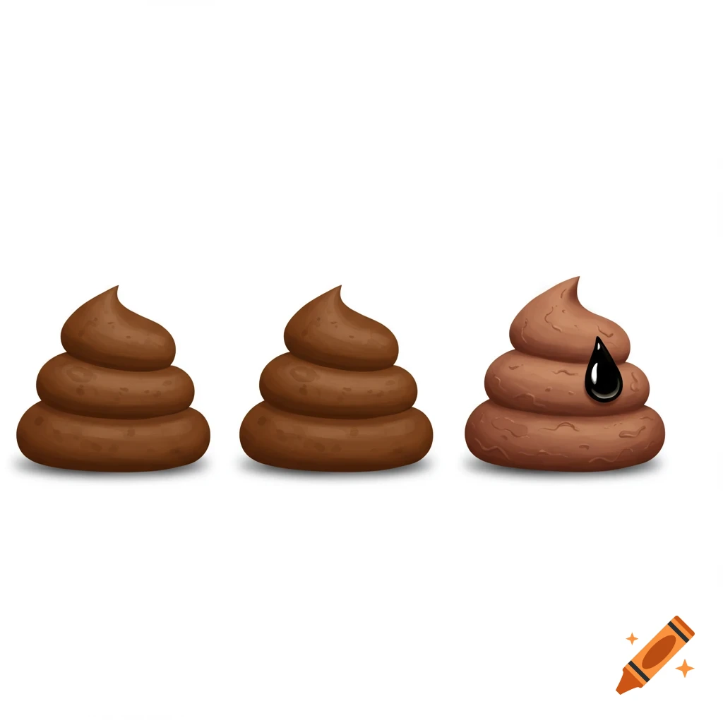 Three cartoon brown poop piles, one with a black drop.