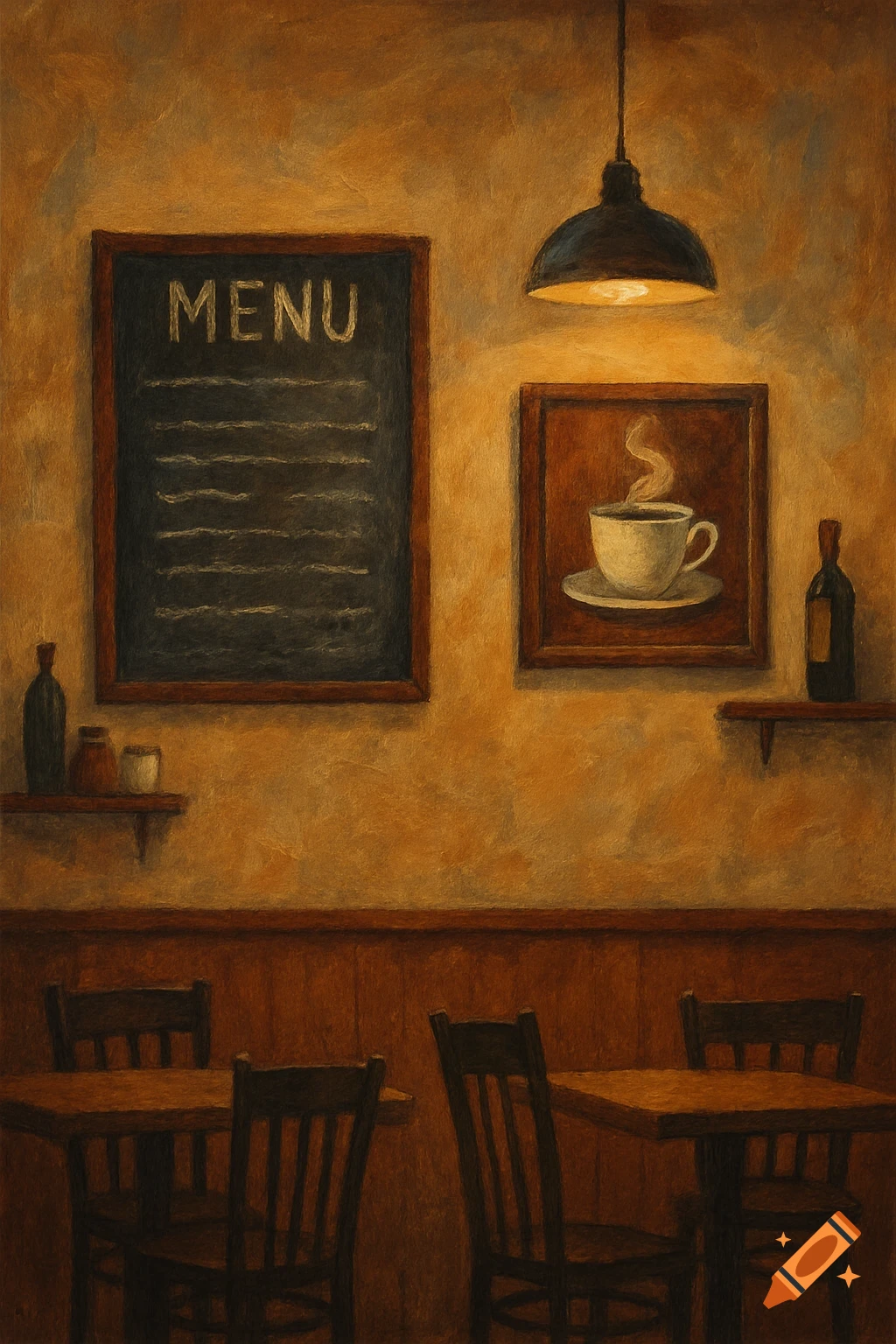 Painterly cafe interior with menu board, tables, chairs, and framed coffee cup print