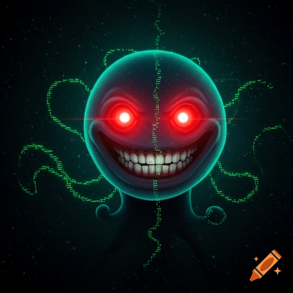 Creepy digital creature with glowing red eyes, sharp teeth, and green code patterns.