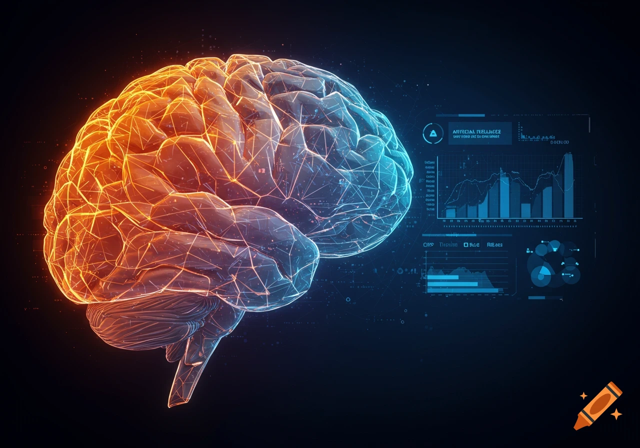 Stylized human brain glowing with neural connections next to data screens with graphs.