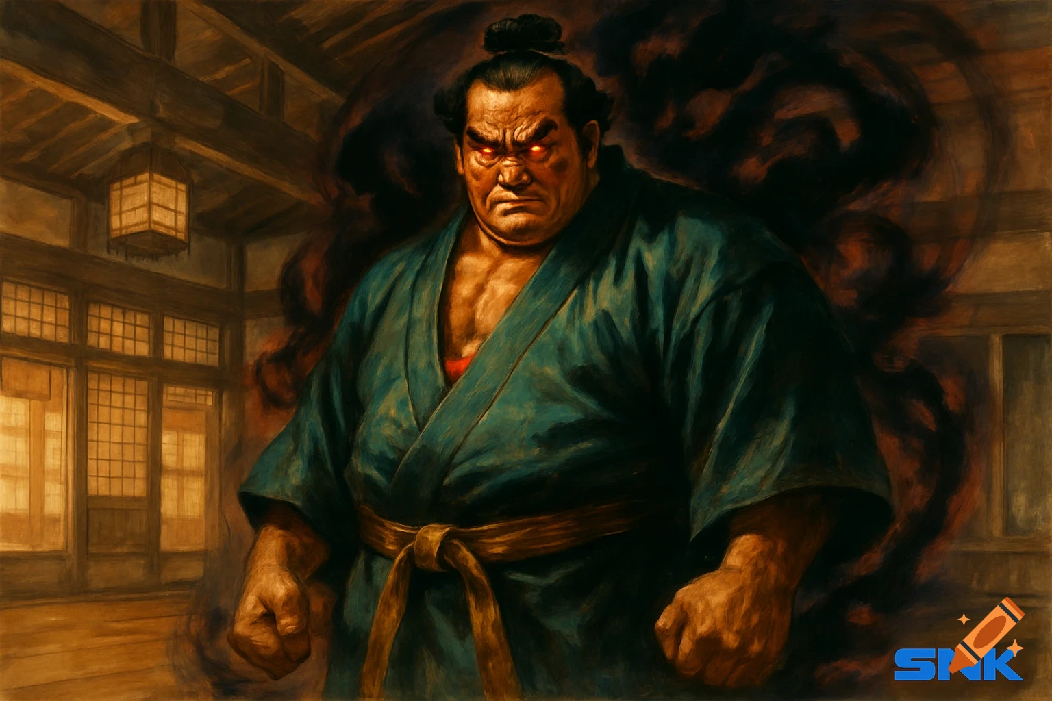A powerful wrestler with red eyes and a topknot stands menacingly in a traditional Japanese dojo, styled like a fighting game poster.