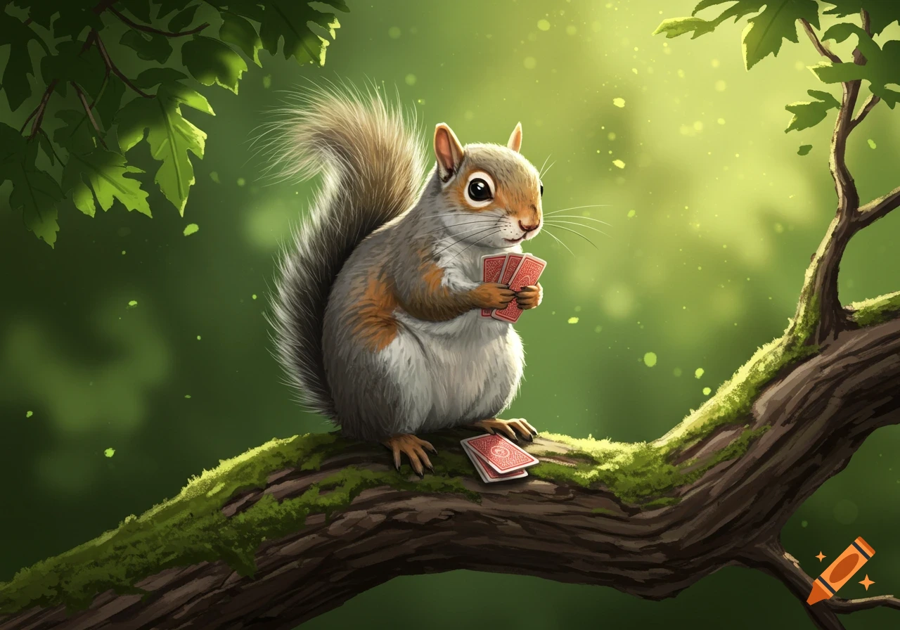 An artistic illustration of a squirrel sitting on a branch and holding red playing cards.