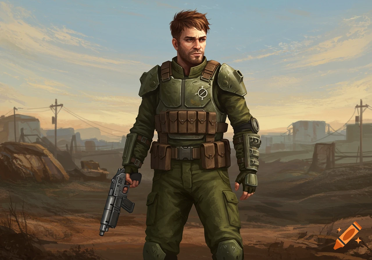 A man in olive armor and fatigues holds a gun in a wasteland.