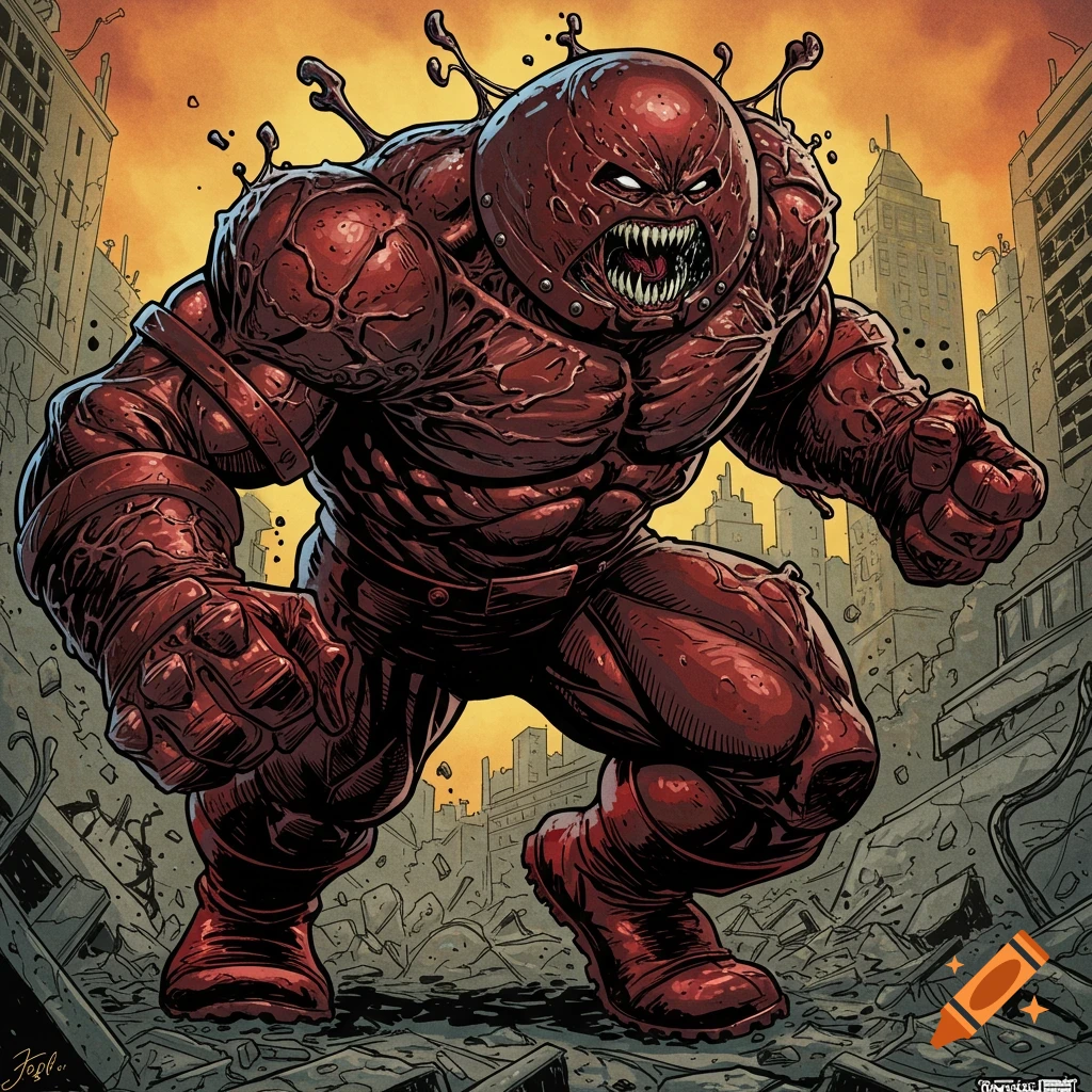 Venomized Juggernaut standing in a destroyed city in comic book style