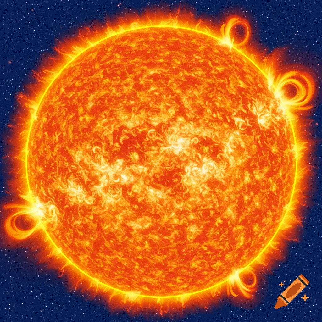A detailed depiction of the sun, showing its fiery surface and prominences extending into the dark, star-filled space.