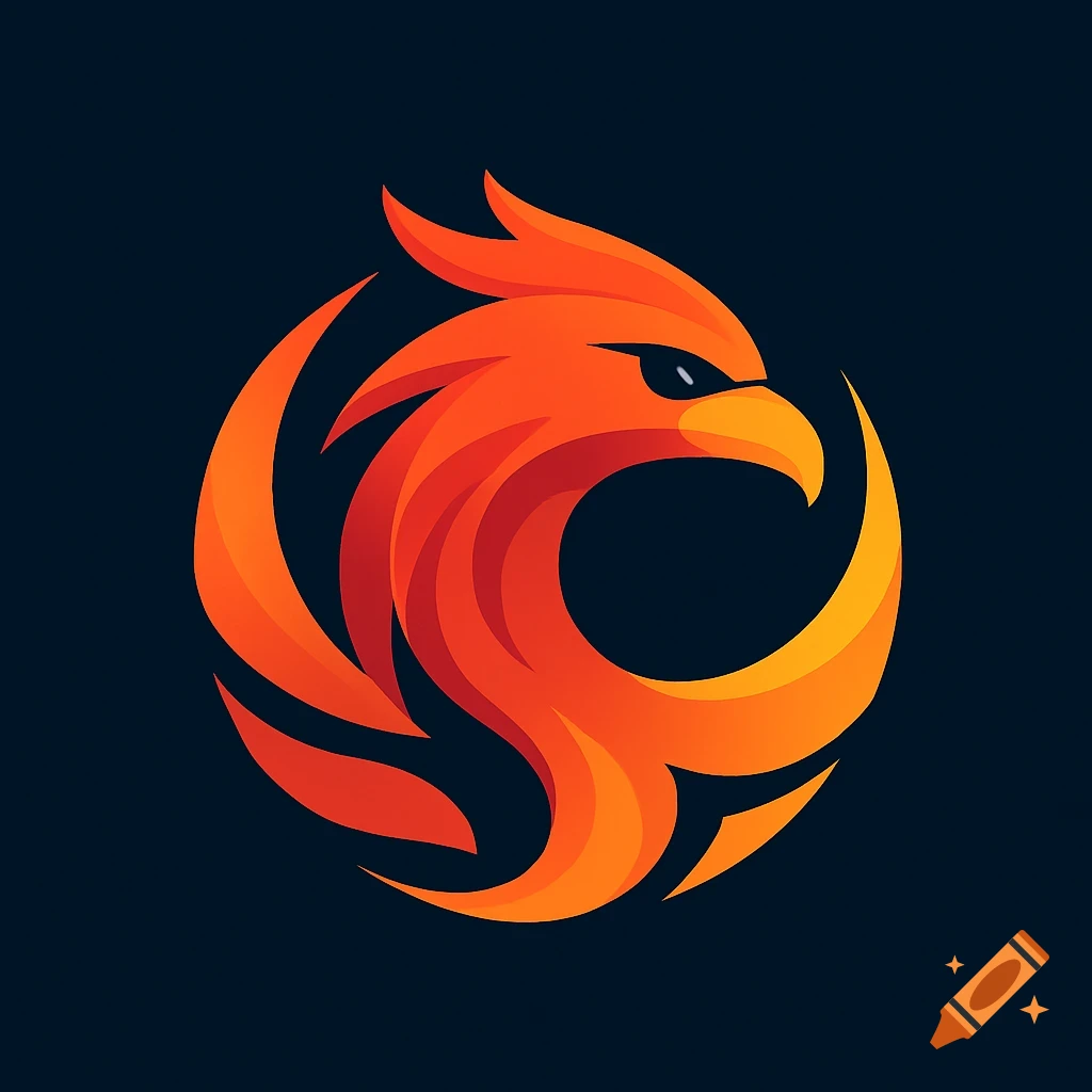 Stylized orange and yellow phoenix bird logo on a dark background.