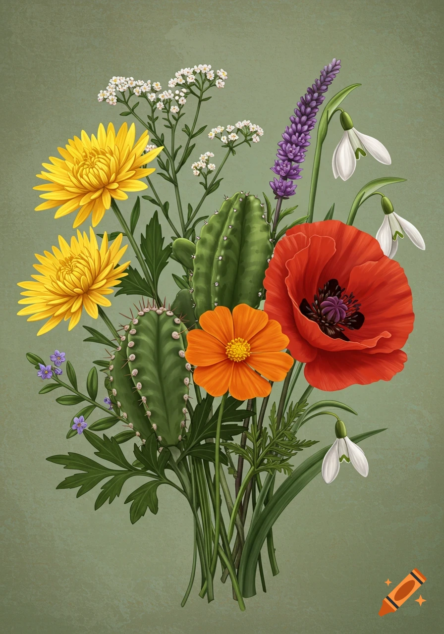 Botanical illustration of a bouquet with yellow chrysanthemums, red poppy, orange marigold, cactus, rue, and snowdrops.