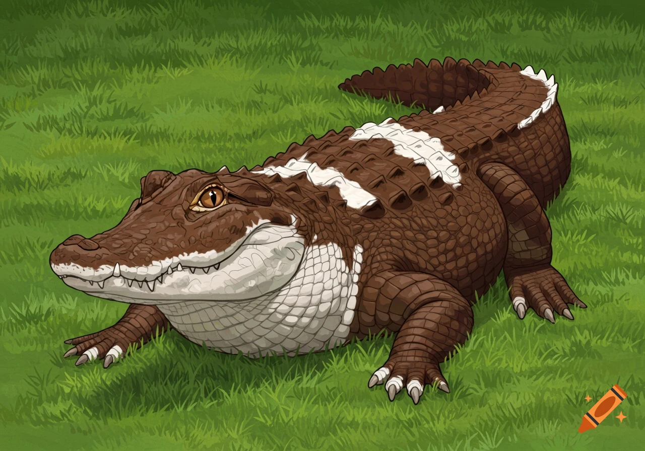 An illustration of an alligator with brown and white markings lies on green grass.
