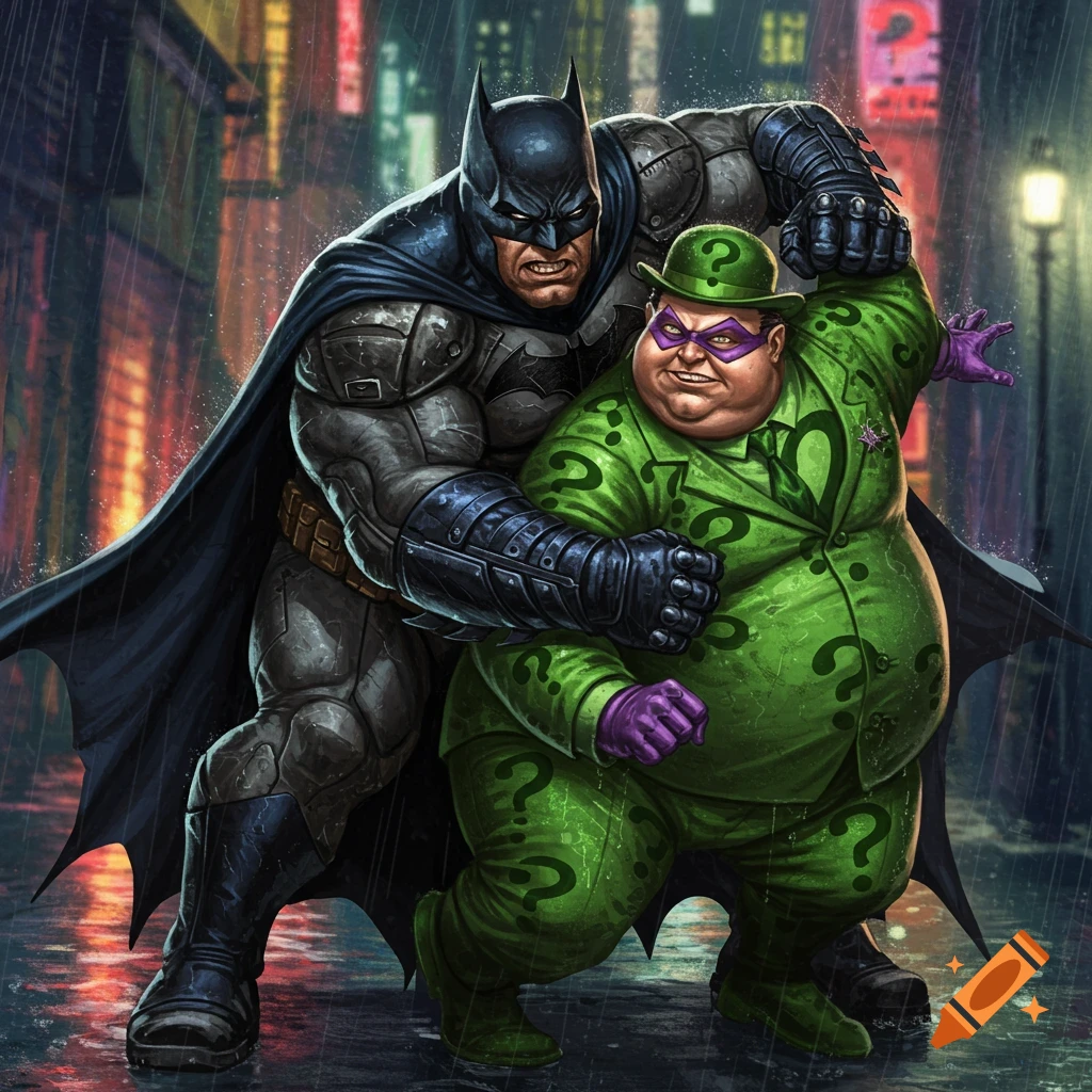 Batman fighting a portly Riddler in the rain, comic art style.