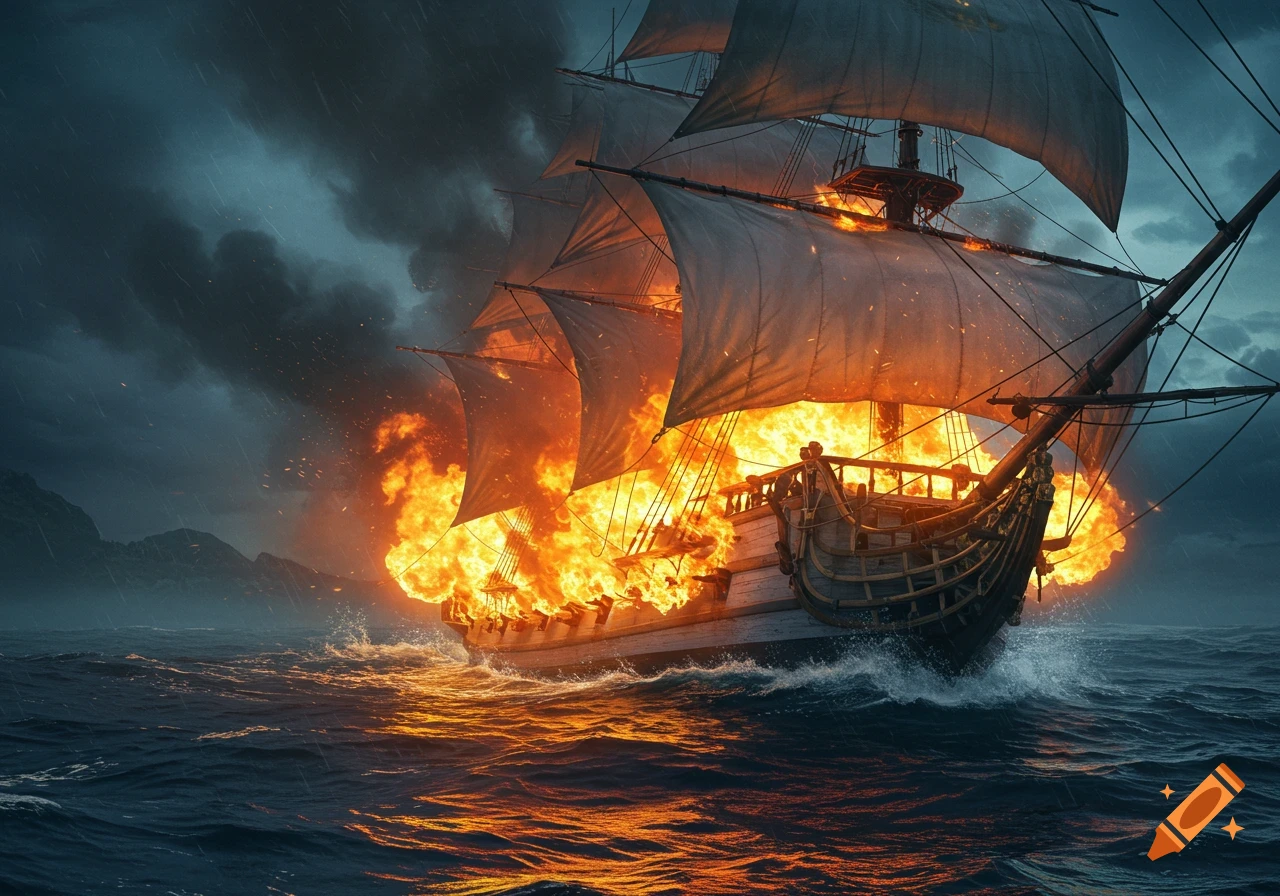 A pirate ship engulfed in flames sails through a stormy sea under dark clouds.