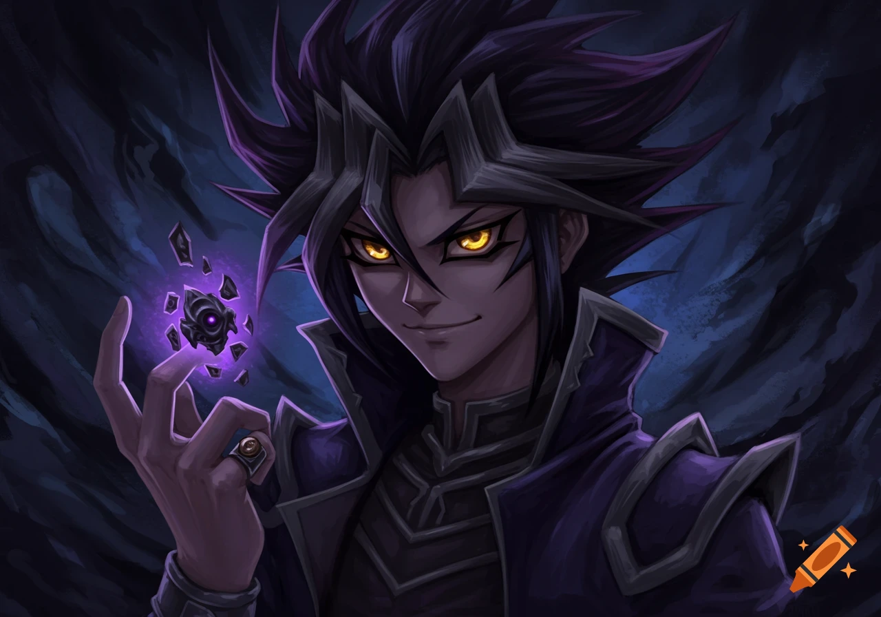 Anime character with spiky black hair and glowing eyes, holding a dark floating object