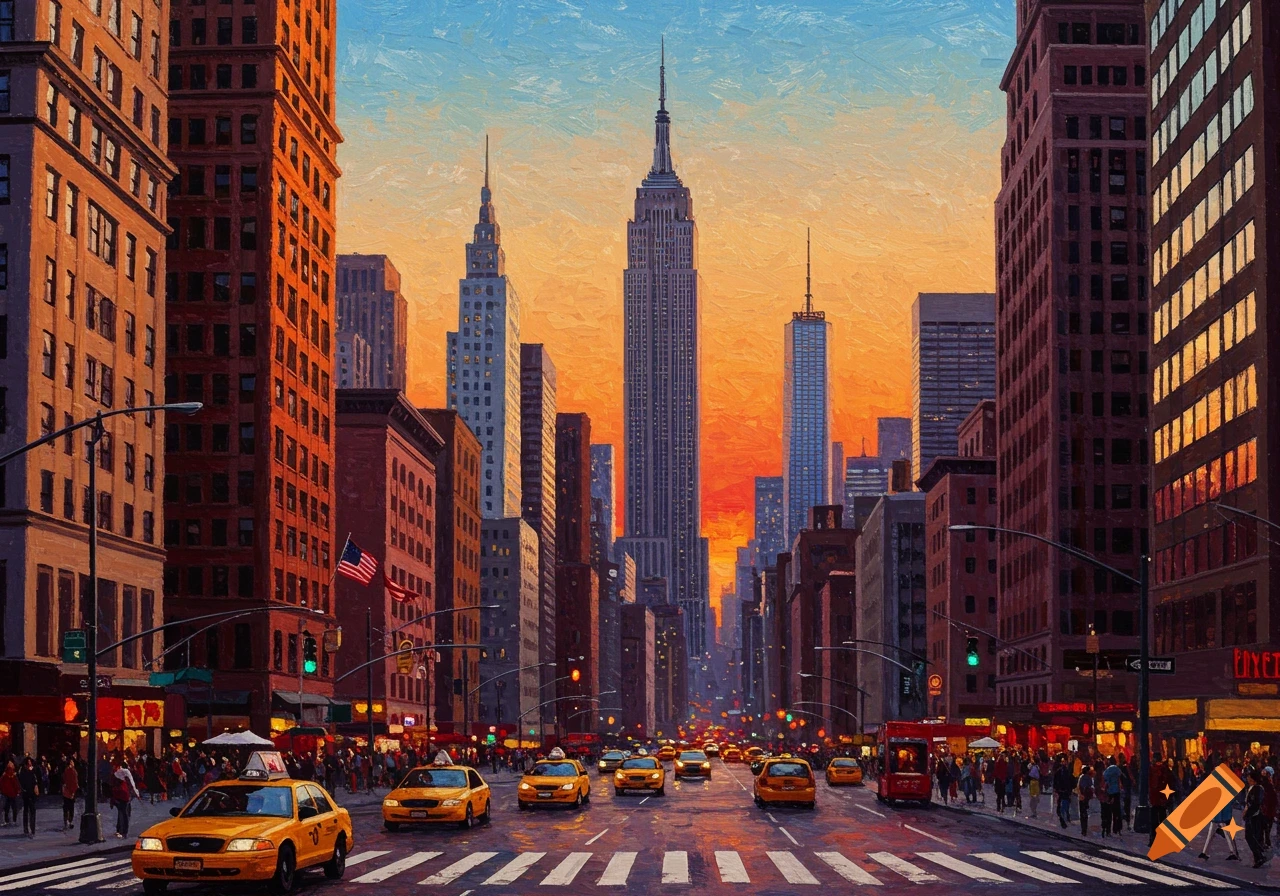 Painting of a busy street in New York City at sunset with yellow taxis and the Empire State Building.