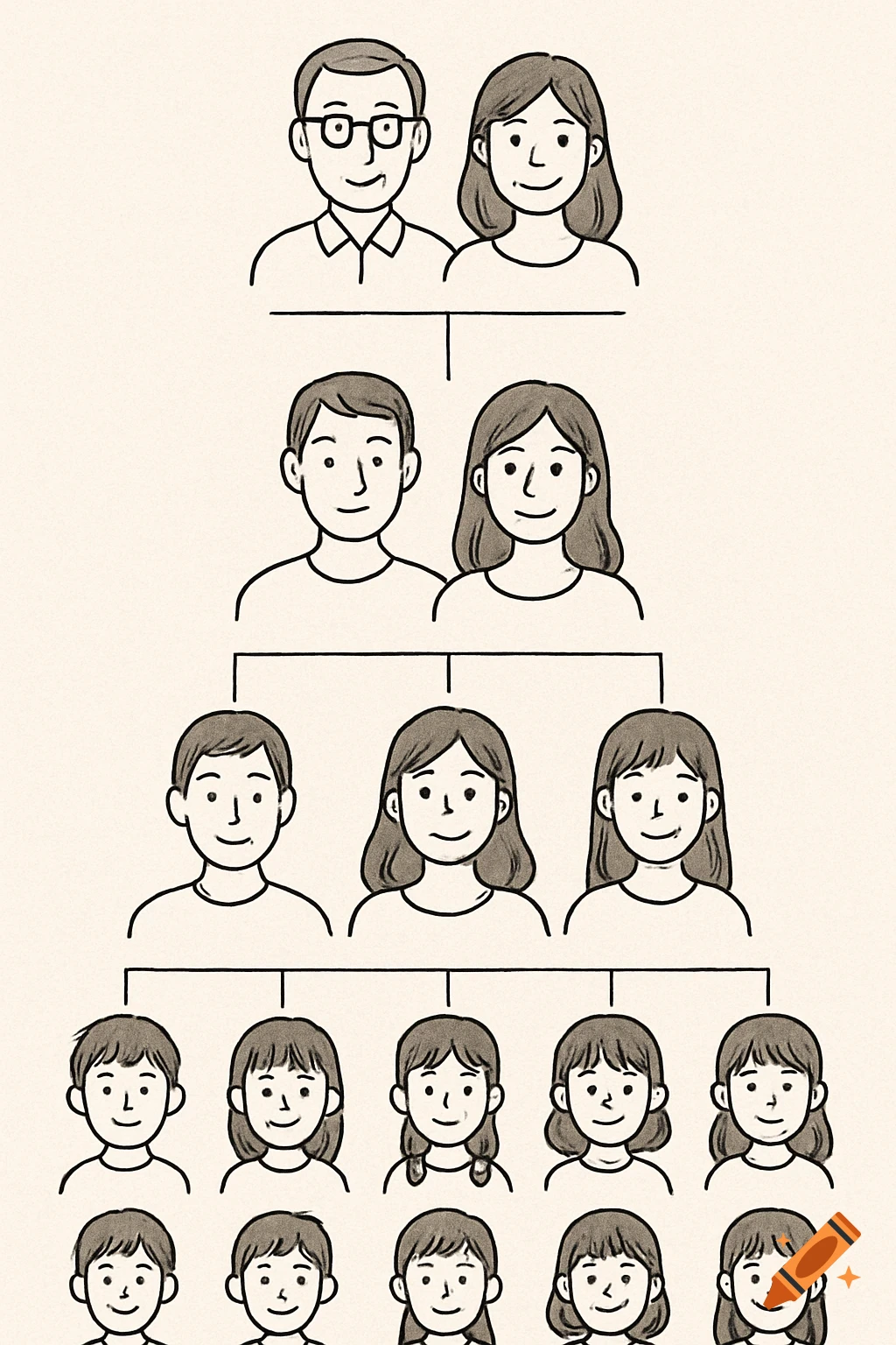 Line drawing of a family tree diagram showing cartoon people in multiple  generations. on Craiyon, image size:1024x1536