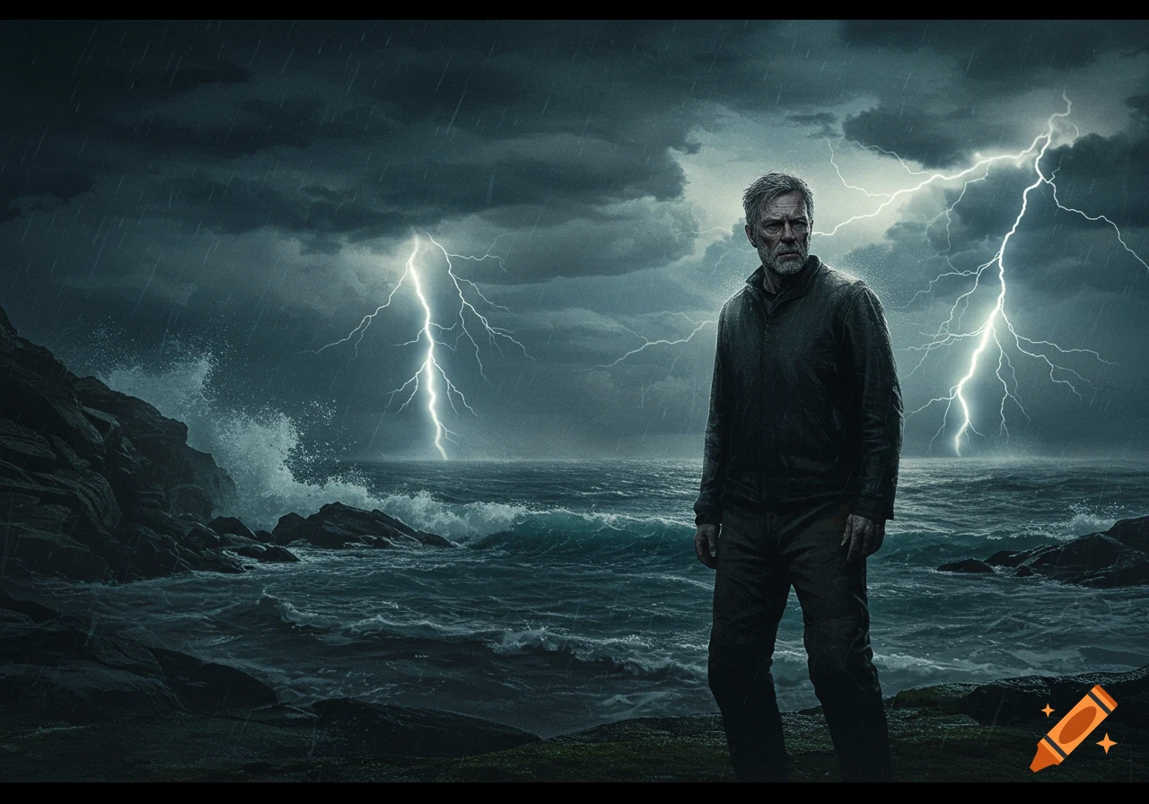 Man stands on a rocky coast during a fierce storm with lightning.