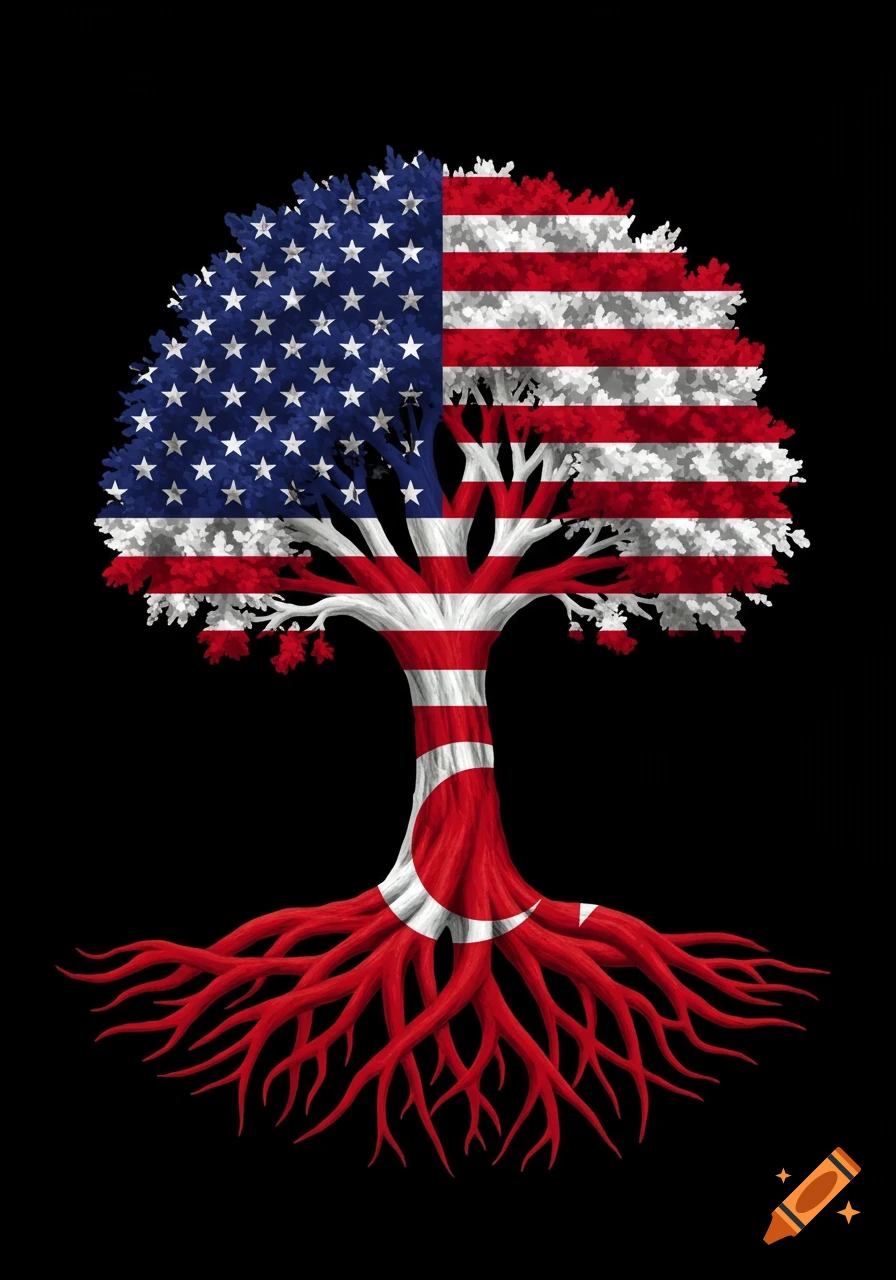 Tree with American flag foliage and trunk, Turkish flag roots on black background.