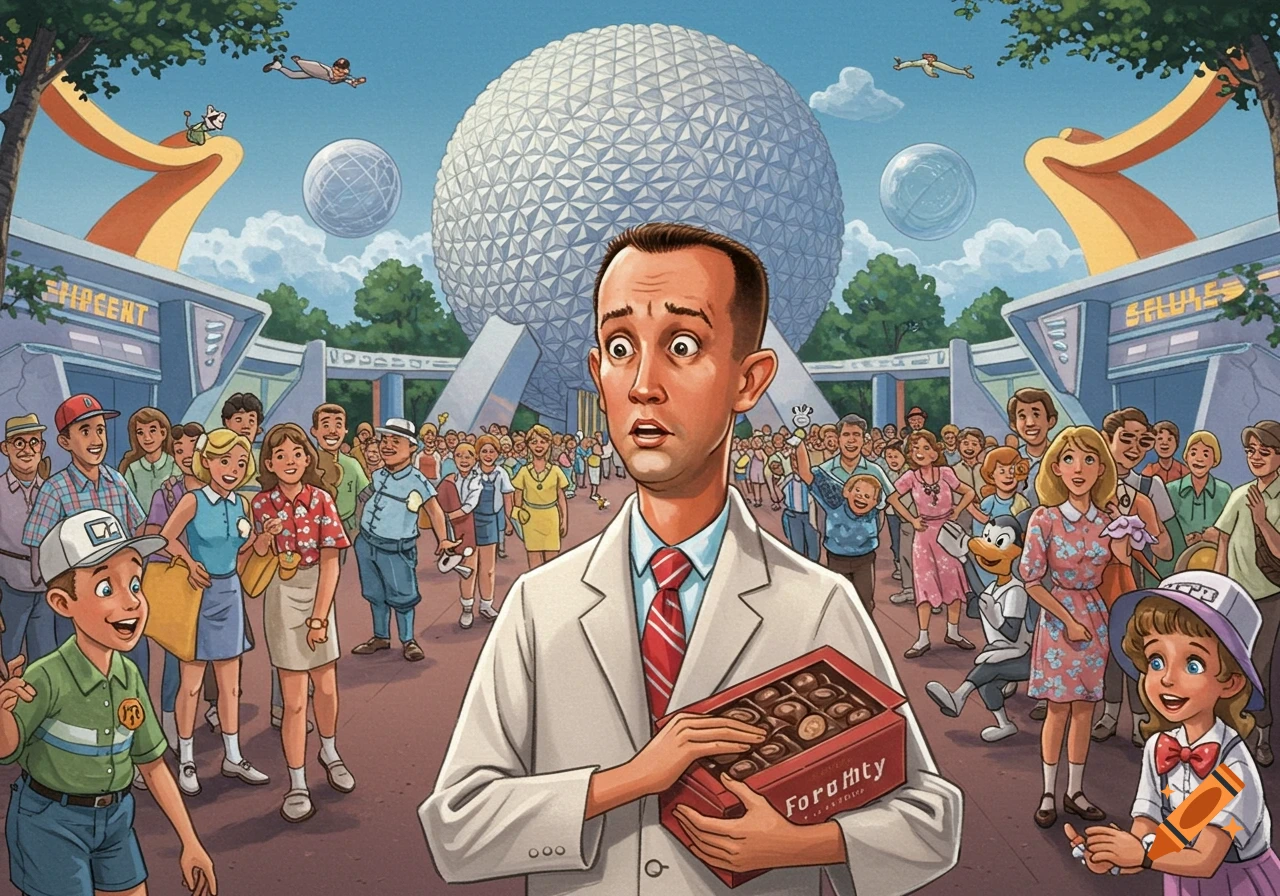 Cartoon illustration of a man resembling Forrest Gump holding a box of chocolates at Epcot's Spaceship Earth, surrounded by a crowd.