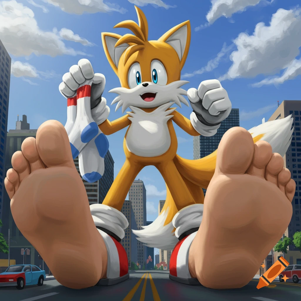 Giant Tails the Fox stands in a city street, holding socks and shoes and showing his bare feet.